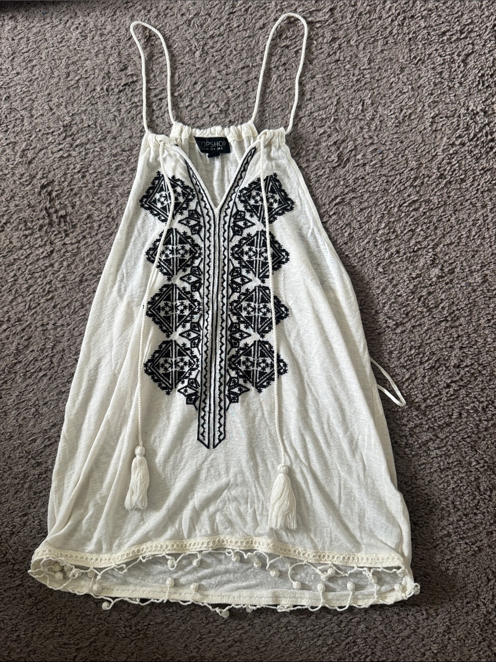 Topshop White Tassel Halter Camisole with Black Embroidery